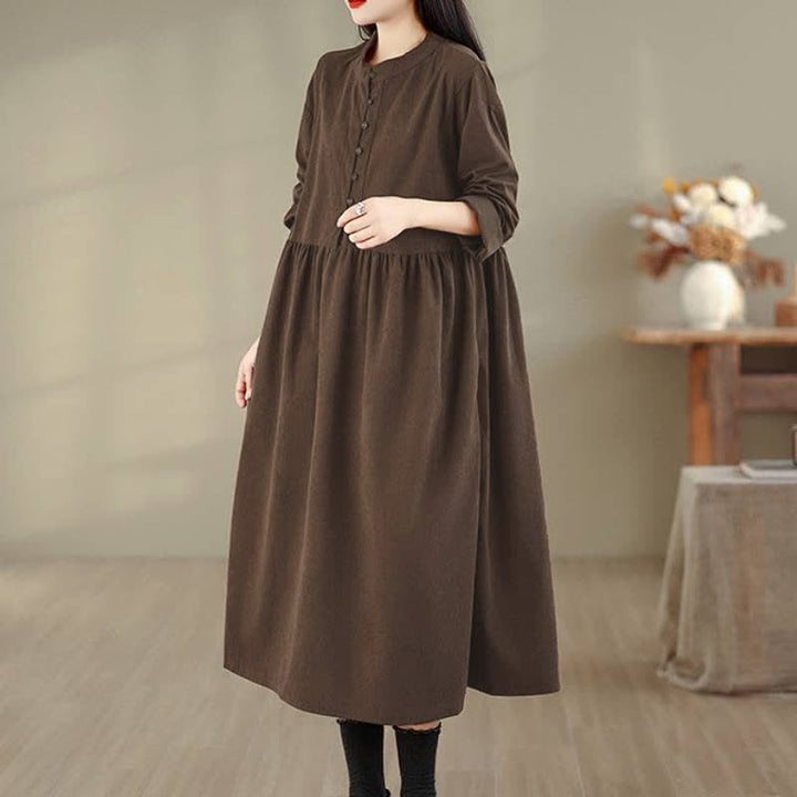Buddha Stones Lässiges, minimalistisches Herbstkleid für Damen mit Knopfleiste, Rundhalsausschnitt, langen Ärmeln und Tasche - image 3