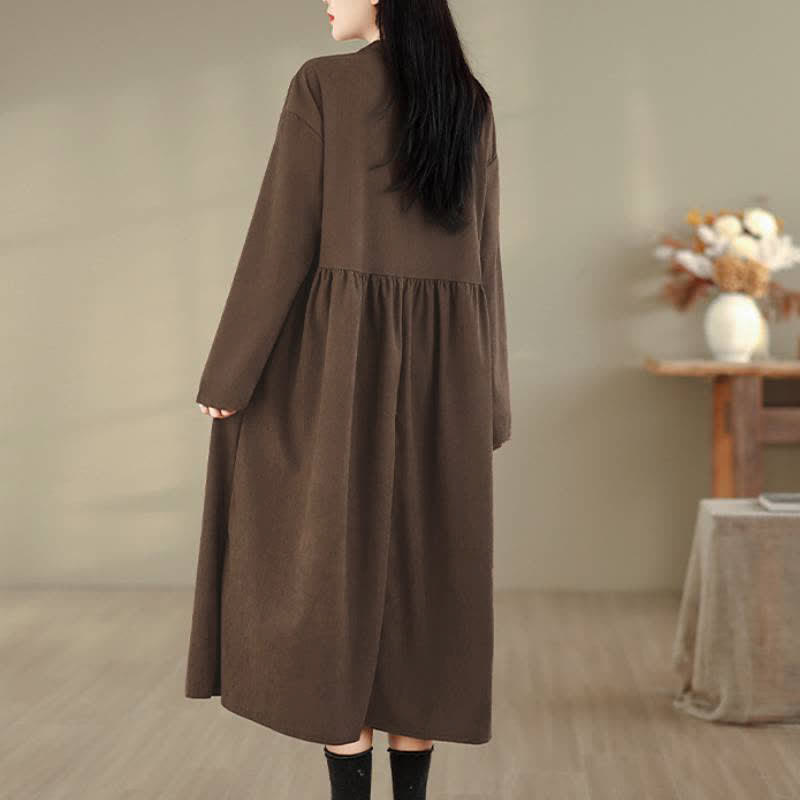 Buddha Stones Lässiges, minimalistisches Herbstkleid für Damen mit Knopfleiste, Rundhalsausschnitt, langen Ärmeln und Tasche - image 4