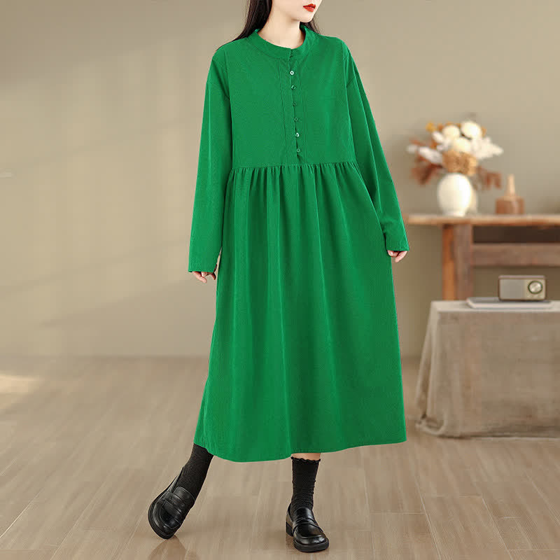 Buddha Stones Lässiges, minimalistisches Herbstkleid für Damen mit Knopfleiste, Rundhalsausschnitt, langen Ärmeln und Tasche - image 10