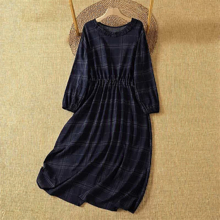 Buddha Stones Lässiges Vintage-Kleid mit nachtblauem Karomuster für Damen, Frühling/Herbst, langärmelig - Mitternachtsblau - US14, UK/AU18, EU46 (2XL) - image 0