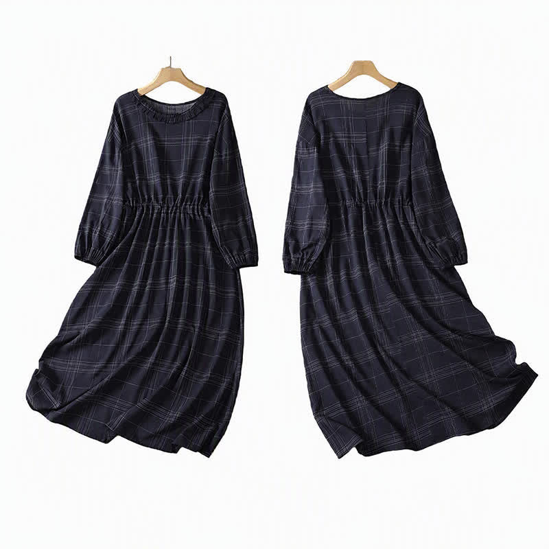 Buddha Stones Lässiges Vintage-Kleid mit nachtblauem Karomuster für Damen, Frühling/Herbst, langärmelig - image 3