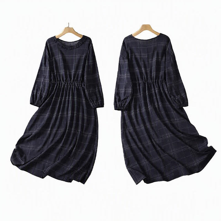 Buddha Stones Lässiges Vintage-Kleid mit nachtblauem Karomuster für Damen, Frühling/Herbst, langärmelig - image 3