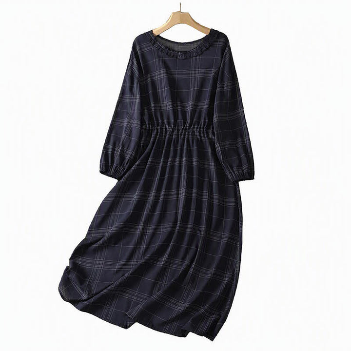 Buddha Stones Lässiges Vintage-Kleid mit nachtblauem Karomuster für Damen, Frühling/Herbst, langärmelig - image 2