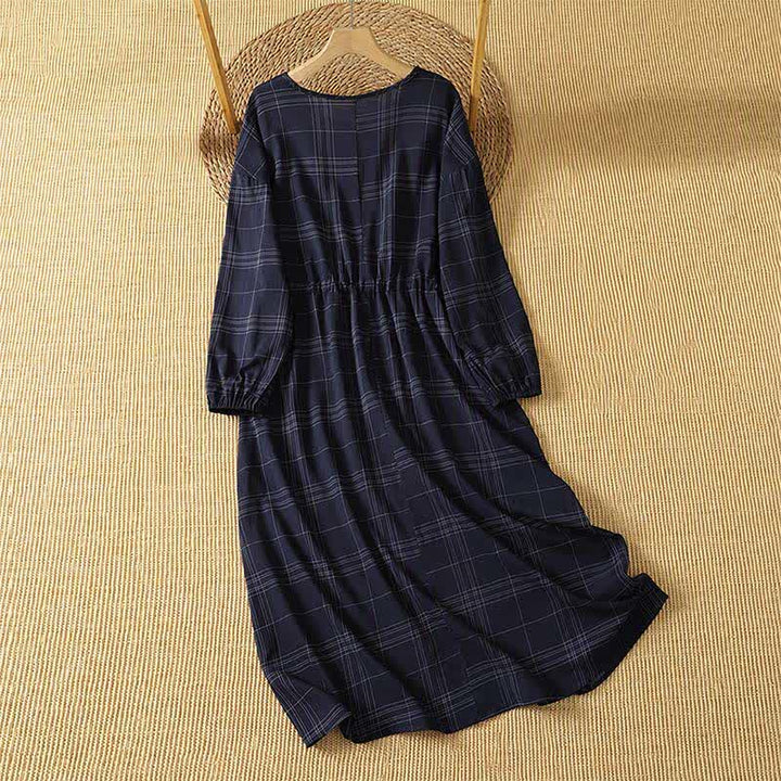 Buddha Stones Lässiges Vintage-Kleid mit nachtblauem Karomuster für Damen, Frühling/Herbst, langärmelig - image 1