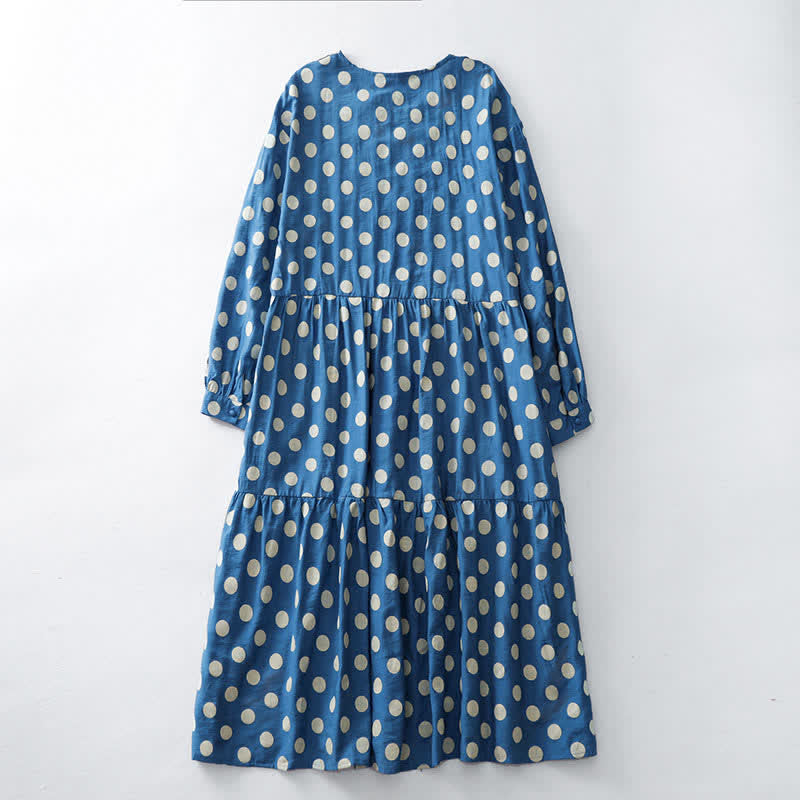Buddha Stones Lässiges, frühlingshaftes Vintage-Kleid für Damen mit blauen und weißen Punkten, langen Ärmeln und Taschen - image 1