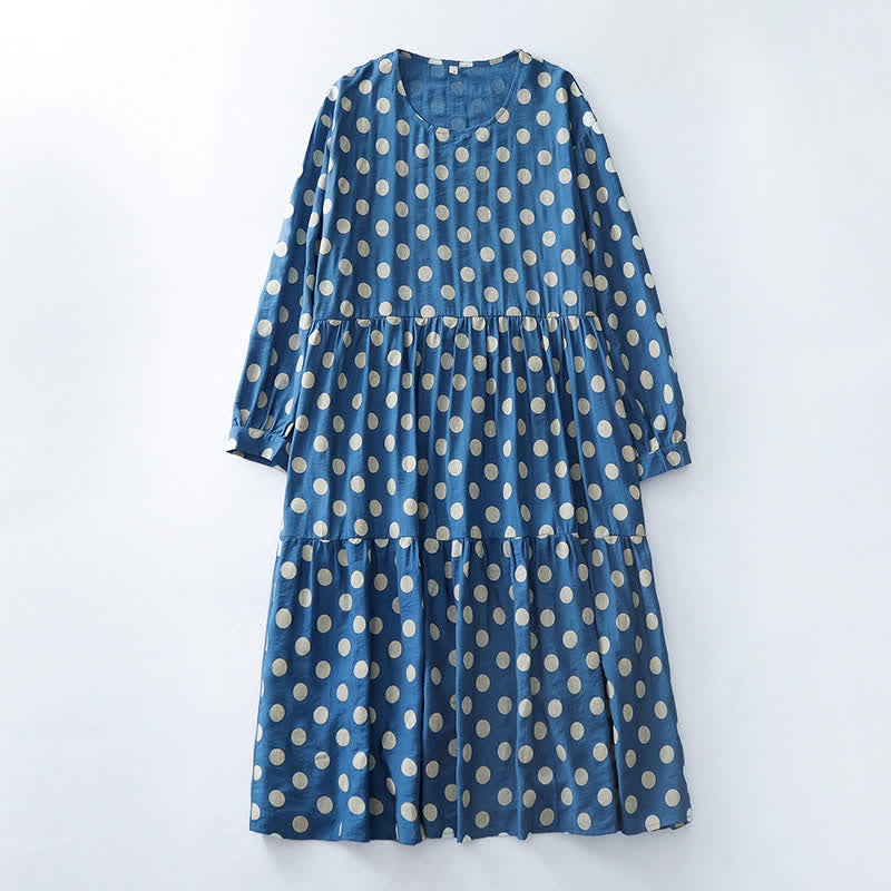 Buddha Stones Lässiges, frühlingshaftes Vintage-Kleid für Damen mit blauen und weißen Punkten, langen Ärmeln und Taschen - SteelBlue - US12, UK/AU16, EU44 (2XL) - image 0