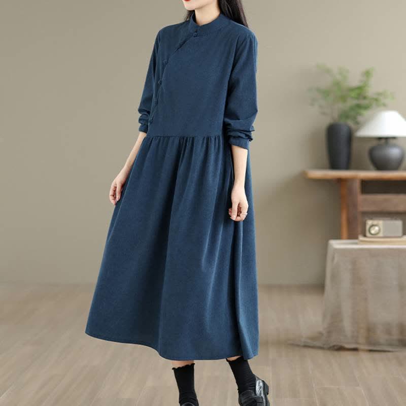 Buddha Stones Vintage-Kleid im Tang-Stil mit Froschknopfleiste, einfarbig, langärmelig, mit Tasche - image 3