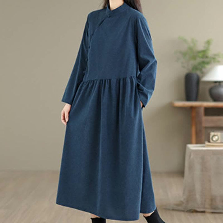 Buddha Stones Vintage-Kleid im Tang-Stil mit Froschknopfleiste, einfarbig, langärmelig, mit Tasche - image 2