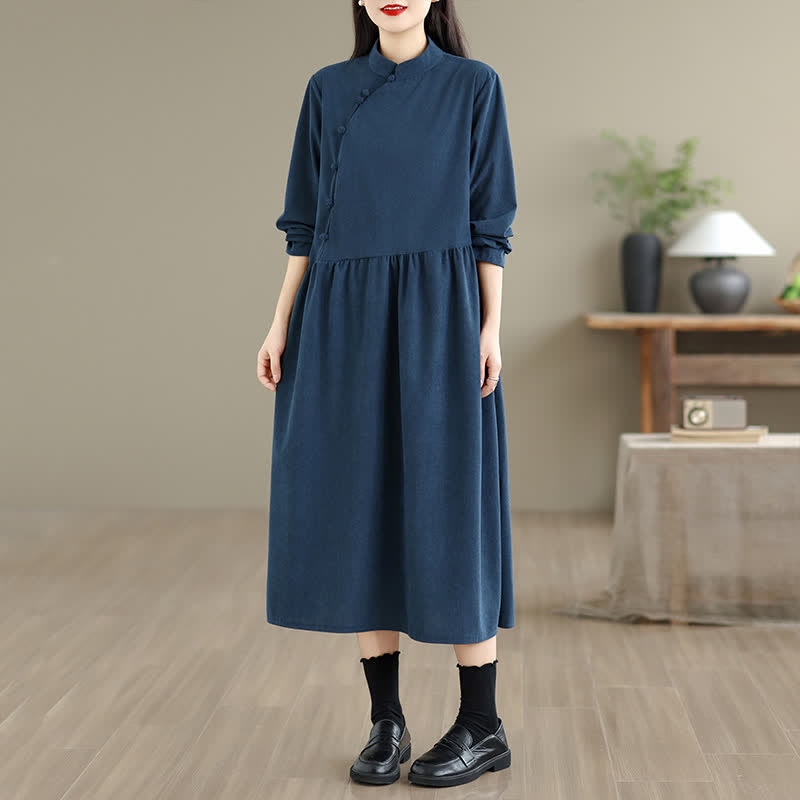 Buddha Stones Vintage-Kleid im Tang-Stil mit Froschknopfleiste, einfarbig, langärmelig, mit Tasche - image 1