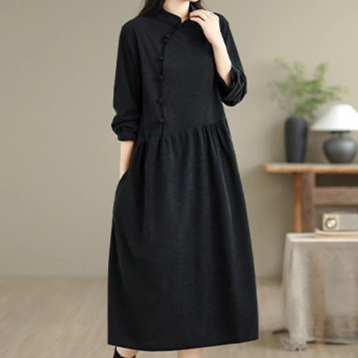 Buddha Stones Vintage-Kleid im Tang-Stil mit Froschknopfleiste, einfarbig, langärmelig, mit Tasche - image 11