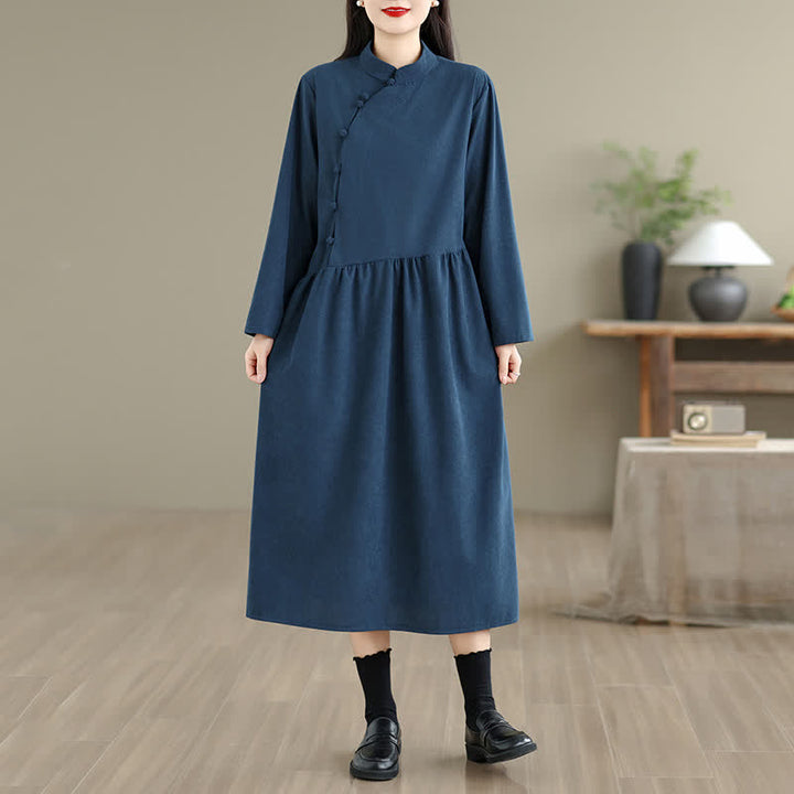 Buddha Stones Vintage-Kleid im Tang-Stil mit Froschknopfleiste, einfarbig, langärmelig, mit Tasche - Marine - US8-10, UK/AU12-14, EU40-42 (2XL) - image 0