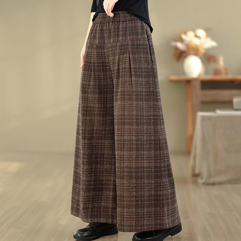 Buddha Stones Vintage-Hose für Herbst und Winter: Karierte Cropped-Hose mit elastischem Bund, geradem Bein und Tasche - image 5