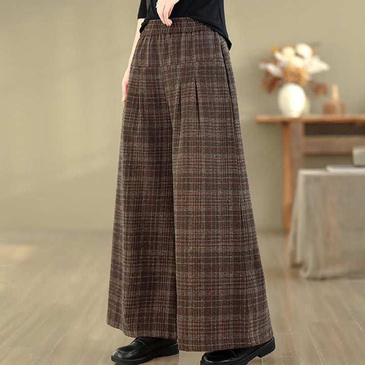 Buddha Stones Vintage-Hose für Herbst und Winter: Karierte Cropped-Hose mit elastischem Bund, geradem Bein und Tasche - image 5
