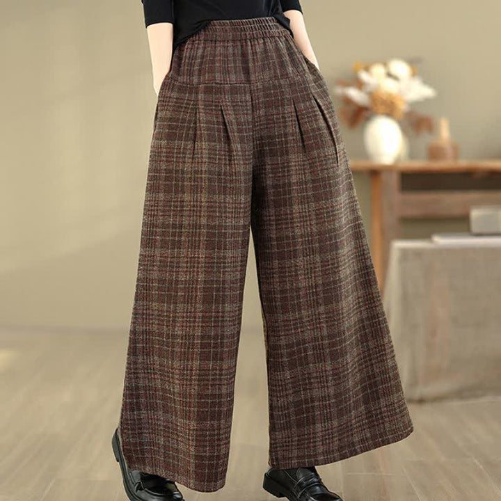Buddha Stones Vintage-Hose für Herbst und Winter: Karierte Cropped-Hose mit elastischem Bund, geradem Bein und Tasche - image 2
