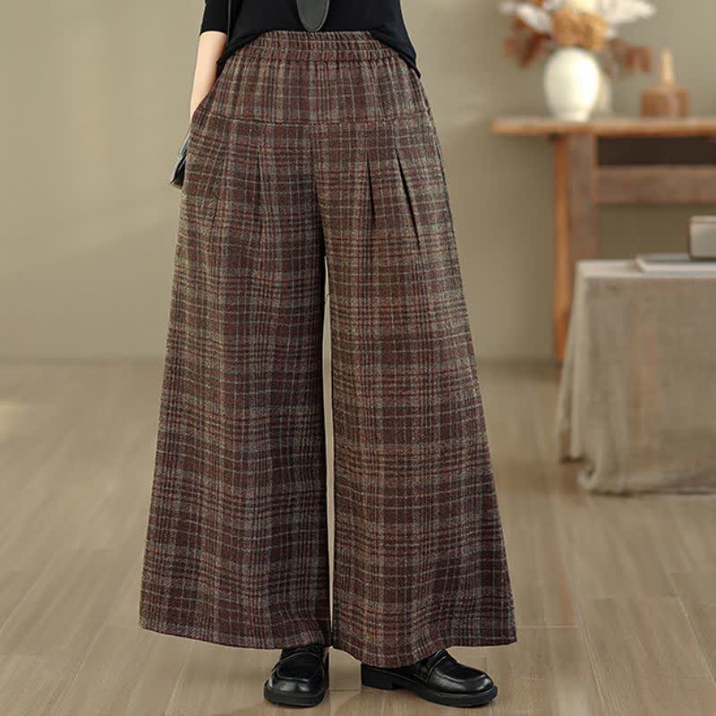 Buddha Stones Vintage-Hose für Herbst und Winter: Karierte Cropped-Hose mit elastischem Bund, geradem Bein und Tasche - image 1