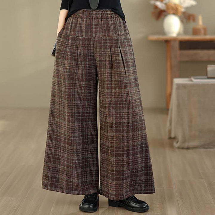 Buddha Stones Vintage-Hose für Herbst und Winter: Karierte Cropped-Hose mit elastischem Bund, geradem Bein und Tasche - image 1