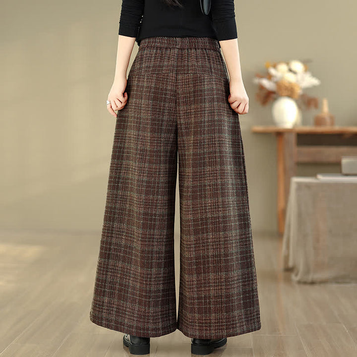 Buddha Stones Vintage-Hose für Herbst und Winter: Karierte Cropped-Hose mit elastischem Bund, geradem Bein und Tasche - image 4
