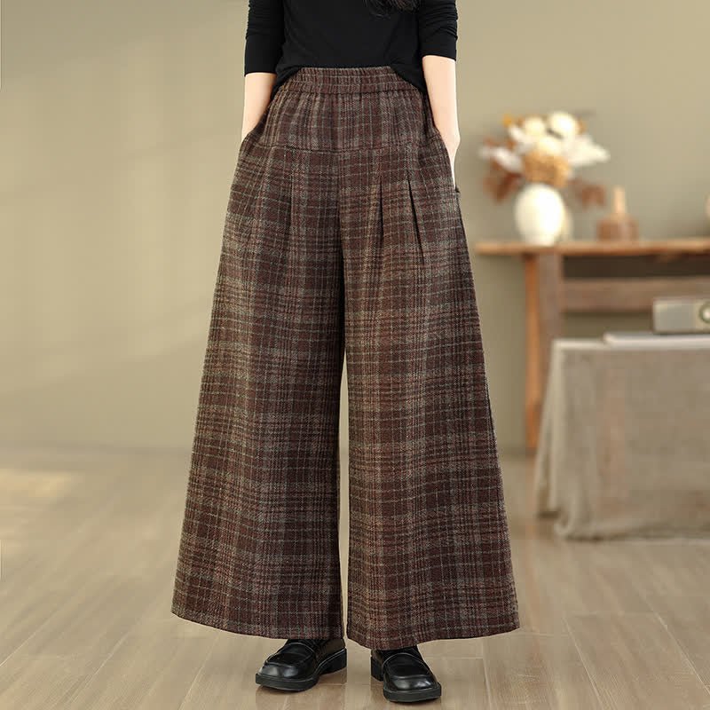 Buddha Stones Vintage-Hose für Herbst und Winter: Karierte Cropped-Hose mit elastischem Bund, geradem Bein und Tasche - image 3
