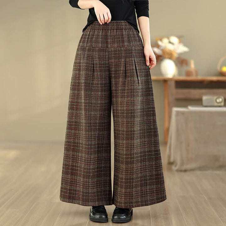 Buddha Stones Vintage-Hose für Herbst und Winter: Karierte Cropped-Hose mit elastischem Bund, geradem Bein und Tasche - Sattelbraun - US8-10, UK/AU12-14, EU40-42 (2XL) - image 0