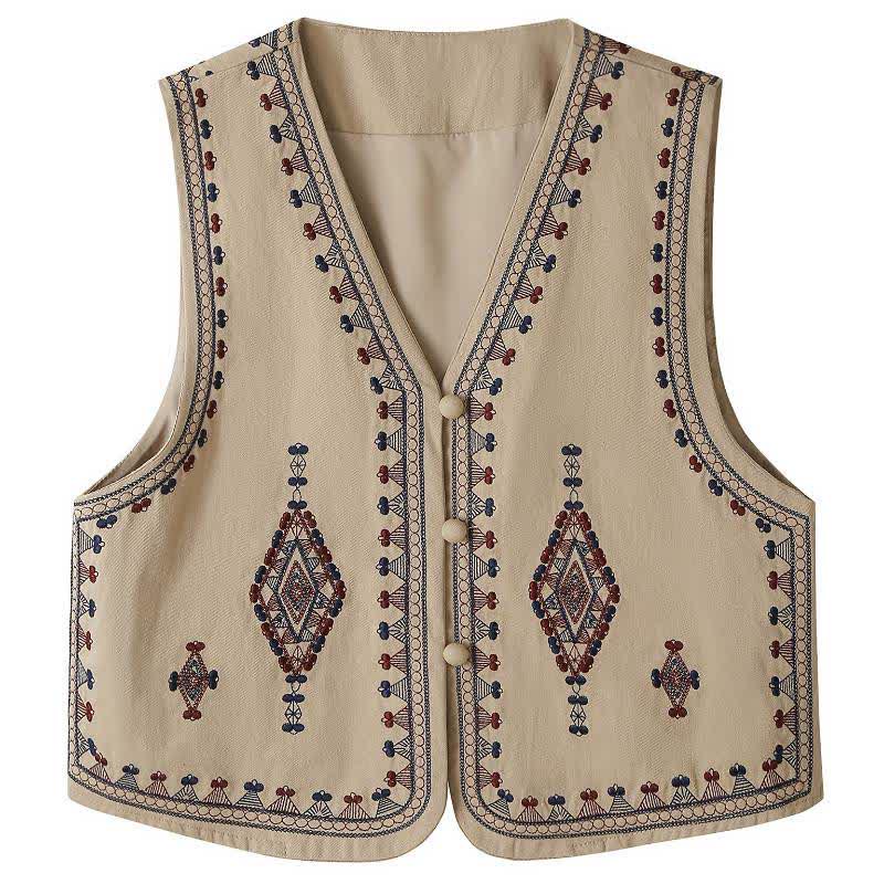 Buddha Stones Sommerliches Boho-Tanktop mit geometrischer Stickerei im Vintage-Stil, ärmellos, Damenbluse - Bräunen - US8-10, UK/AU12-14, EU40-42 (2XL) - image 0