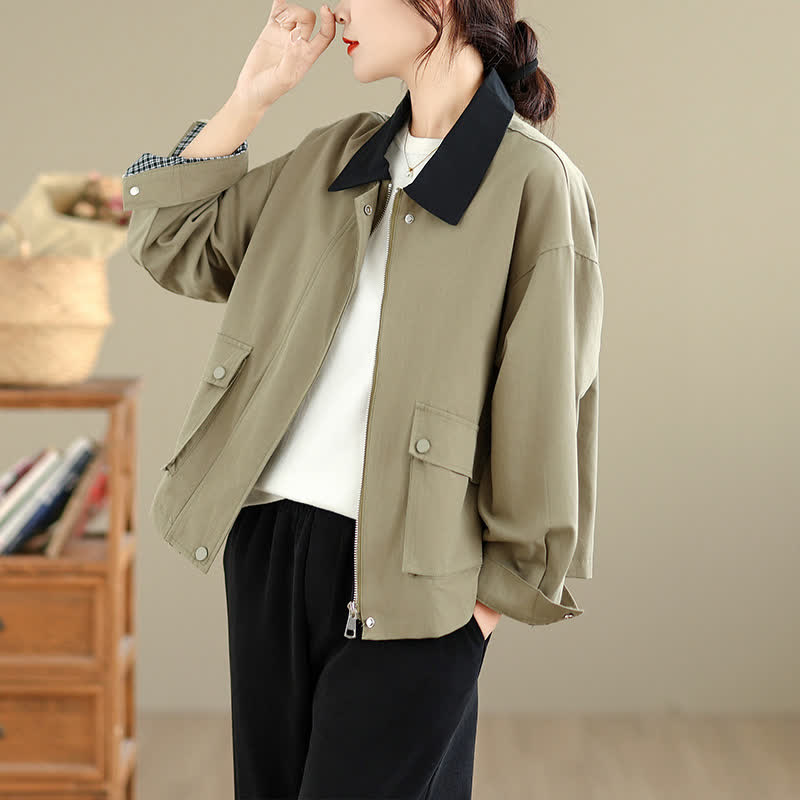 Buddha Stones Retro-Minimalistische Damenjacke im Frühlings- und Herbststil mit Tasche - Dunkelkhaki - US6, UK/AU10, EU38 (XL) - image 1