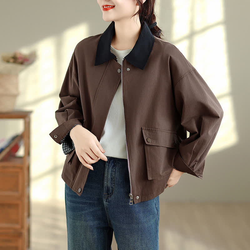 Buddha Stones Retro-Minimalistische Damenjacke im Frühlings- und Herbststil mit Tasche - Sattelbraun - US6, UK/AU10, EU38 (XL) - image 0