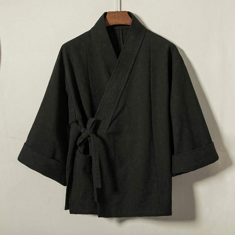 Buddha Stones Minimalistischer Kimono für Herren aus einfarbiger Baumwolle mit Kordelzug, V-Ausschnitt und Schnürung für Herbst und Winter – ideal für Herbst und Winter. - Schwarz - US/UK/AU44, EU54 (4XL) - image 8