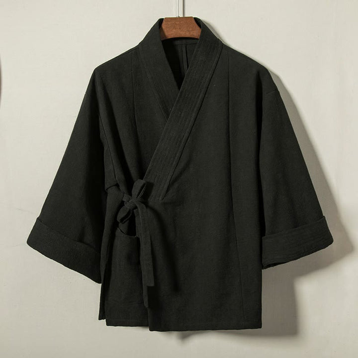 Buddha Stones Minimalistischer Kimono für Herren aus einfarbiger Baumwolle mit Kordelzug, V-Ausschnitt und Schnürung für Herbst und Winter – ideal für Herbst und Winter. - Schwarz - US/UK/AU44, EU54 (4XL) - image 8