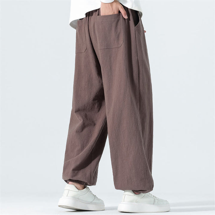 Buddha Stones Lässige, minimalistische Herren-Ankle-Hose aus einfarbigem Baumwollstoff mit Kordelzug und Taschen für Frühling und Sommer - image 34