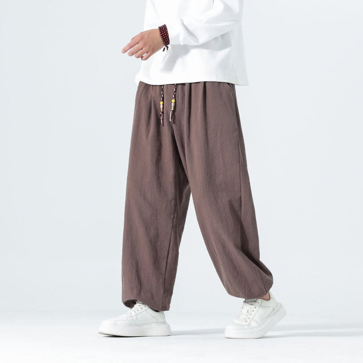 Buddha Stones Lässige, minimalistische Herren-Ankle-Hose aus einfarbigem Baumwollstoff mit Kordelzug und Taschen für Frühling und Sommer - image 32