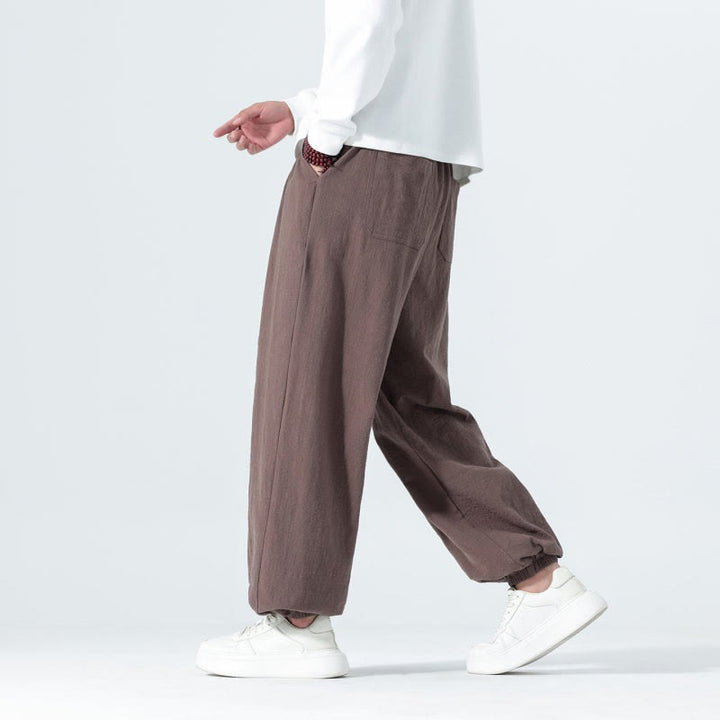 Buddha Stones Lässige, minimalistische Herren-Ankle-Hose aus einfarbigem Baumwollstoff mit Kordelzug und Taschen für Frühling und Sommer - image 35