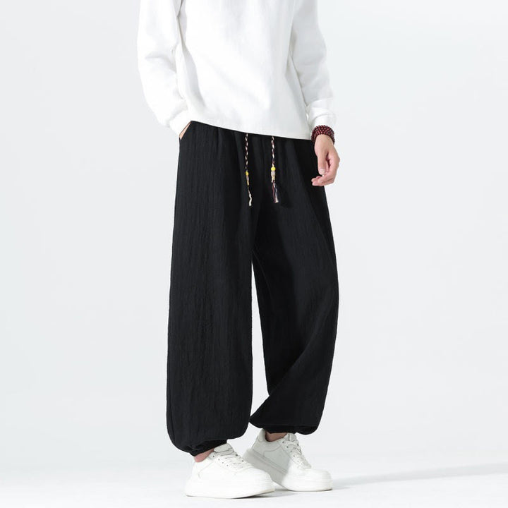 Buddha Stones Lässige, minimalistische Herren-Ankle-Hose aus einfarbigem Baumwollstoff mit Kordelzug und Taschen für Frühling und Sommer - image 15