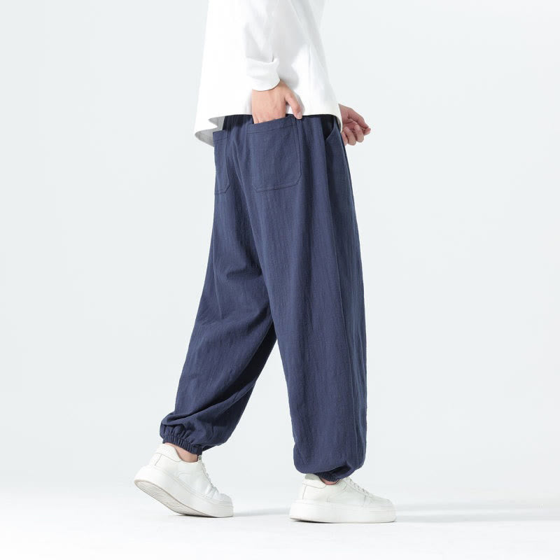 Buddha Stones Lässige, minimalistische Herren-Ankle-Hose aus einfarbigem Baumwollstoff mit Kordelzug und Taschen für Frühling und Sommer - image 3