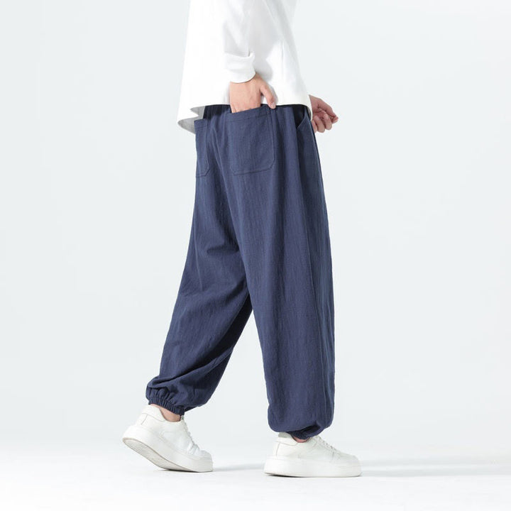 Buddha Stones Lässige, minimalistische Herren-Ankle-Hose aus einfarbigem Baumwollstoff mit Kordelzug und Taschen für Frühling und Sommer - image 3