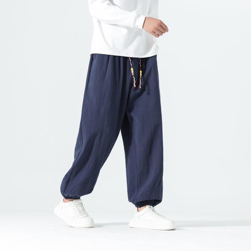 Buddha Stones Lässige, minimalistische Herren-Ankle-Hose aus einfarbigem Baumwollstoff mit Kordelzug und Taschen für Frühling und Sommer - image 1
