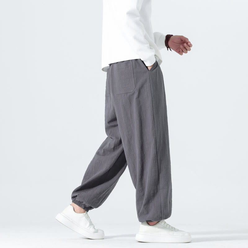 Buddha Stones Lässige, minimalistische Herren-Ankle-Hose aus einfarbigem Baumwollstoff mit Kordelzug und Taschen für Frühling und Sommer - image 19