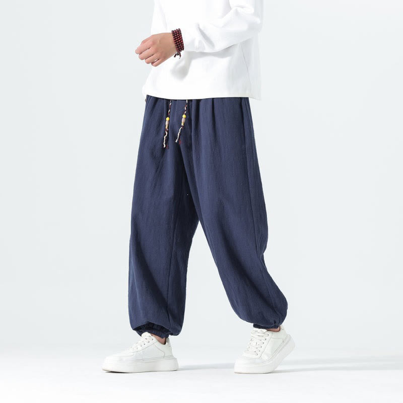 Buddha Stones Lässige, minimalistische Herren-Ankle-Hose aus einfarbigem Baumwollstoff mit Kordelzug und Taschen für Frühling und Sommer - image 2