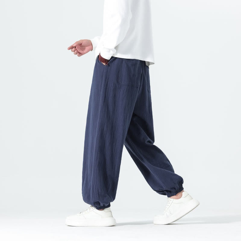 Buddha Stones Lässige, minimalistische Herren-Ankle-Hose aus einfarbigem Baumwollstoff mit Kordelzug und Taschen für Frühling und Sommer - image 4