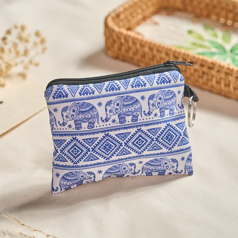 Buddha Stones Blau-weiße Elefanten-Geldbörse im Boho-Stil mit Reißverschluss - Elefantenmuster (ca. 11,3 cm × 9,3 cm) - image 0