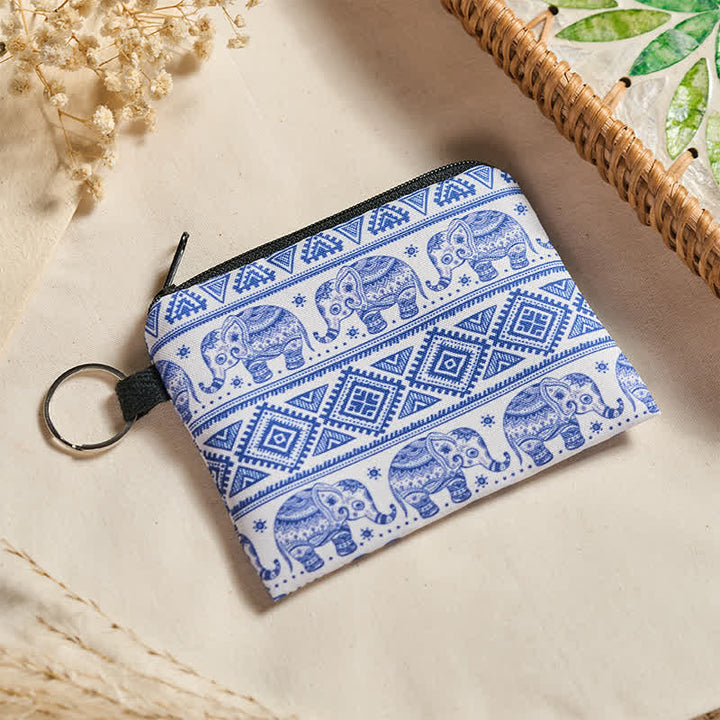 Buddha Stones Blau-weiße Elefanten-Geldbörse im Boho-Stil mit Reißverschluss - image 1