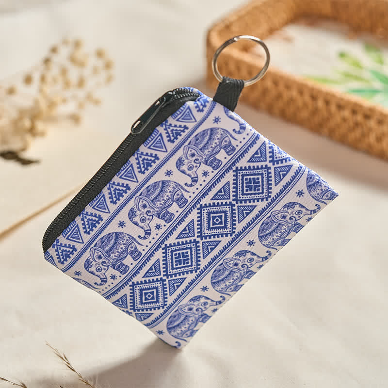Buddha Stones Blau-weiße Elefanten-Geldbörse im Boho-Stil mit Reißverschluss - image 3