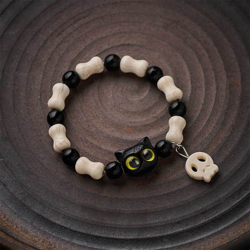Buddha Stones Schwarzes Katzen-Perlenarmband mit Totenkopfmotiv - image 10