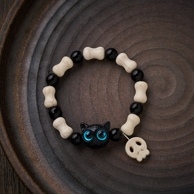 Buddha Stones Schwarzes Katzen-Perlenarmband mit Totenkopfmotiv - image 2