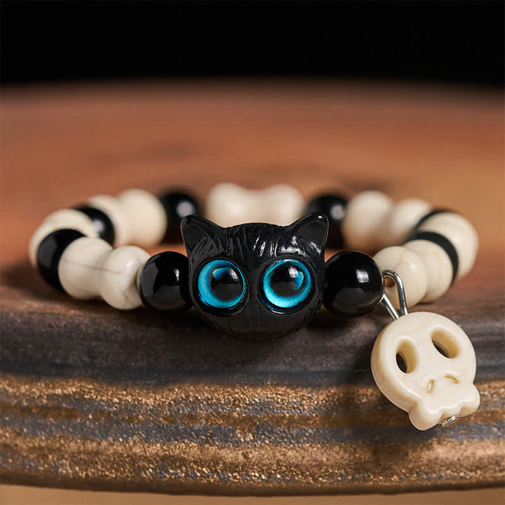 Buddha Stones Schwarzes Katzen-Perlenarmband mit Totenkopfmotiv - Blauäugige Katze - image 0