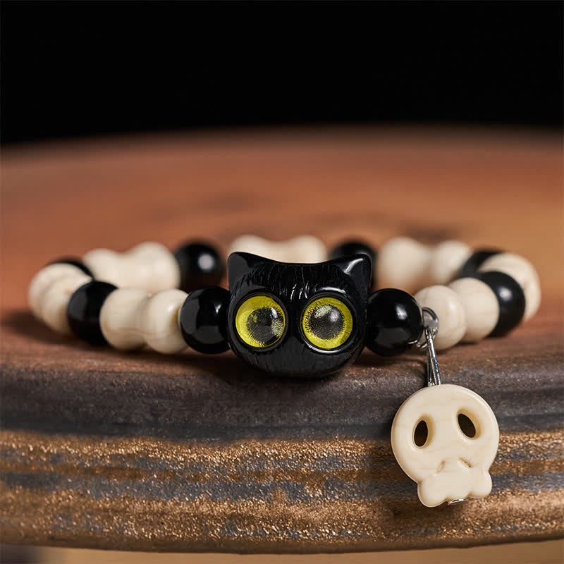 Buddha Stones Schwarzes Katzen-Perlenarmband mit Totenkopfmotiv - Gelbäugige Katze - image 8
