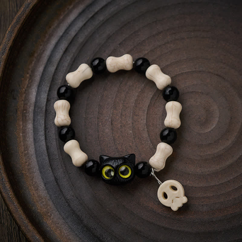 Buddha Stones Schwarzes Katzen-Perlenarmband mit Totenkopfmotiv - image 11