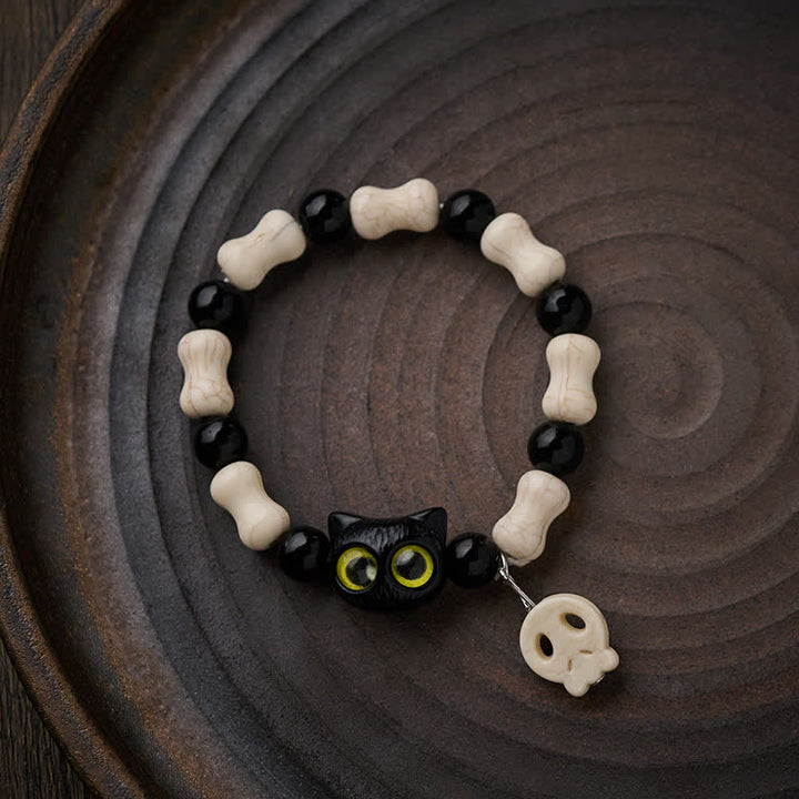 Buddha Stones Schwarzes Katzen-Perlenarmband mit Totenkopfmotiv - image 11
