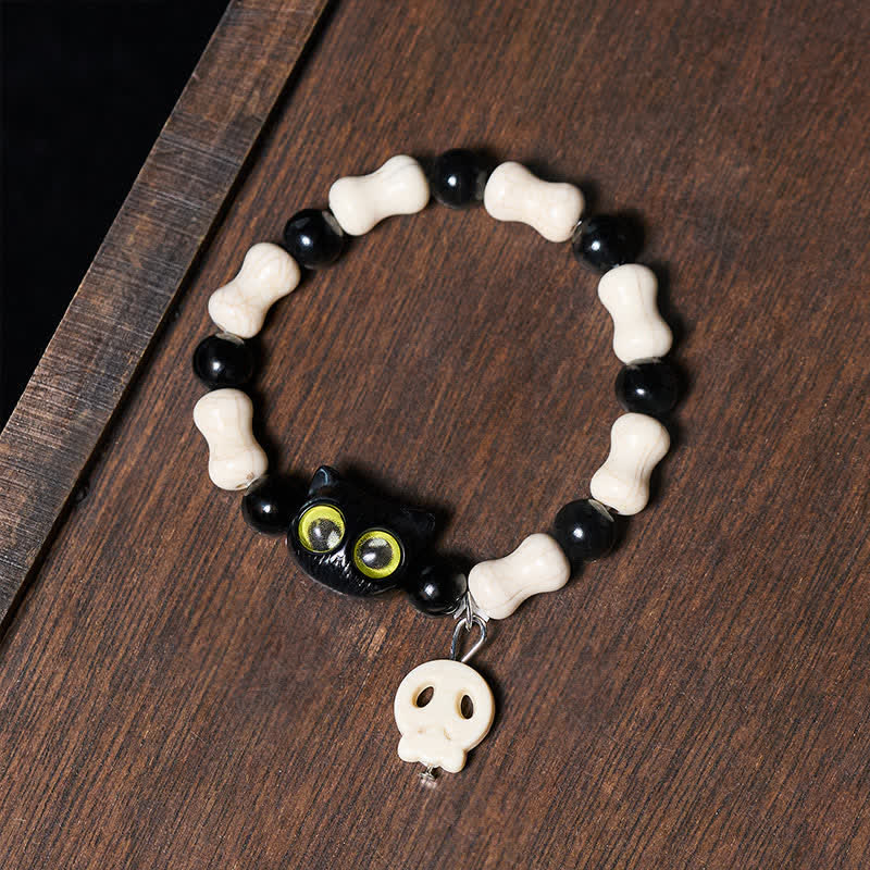 Buddha Stones Schwarzes Katzen-Perlenarmband mit Totenkopfmotiv - image 9