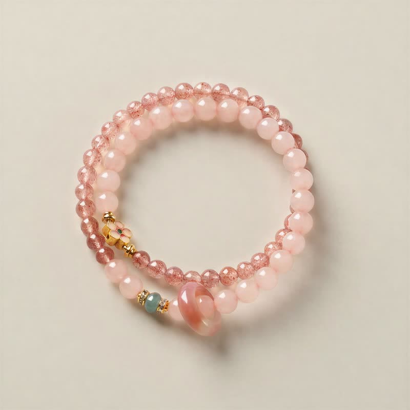 Buddha Stones Armband aus natürlichem Erdbeerquarz, Rosenquarz und Pfirsichblüte – Liebes-Doppelwicklung - image 1