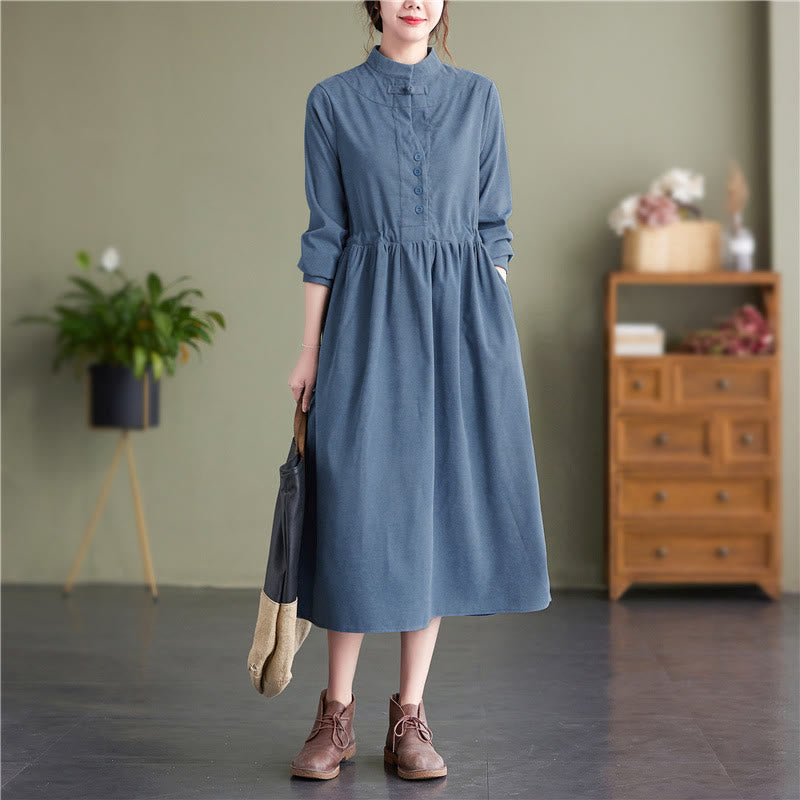 Buddha Stones Herbst/Winter Tang Style Vintage Damenkleid mit Stehkragen, langen Ärmeln und Tasche aus einfarbigem Cord - Kornblumenblau - US8-10, UK/AU12-14, EU40-42 (2XL) - image 0